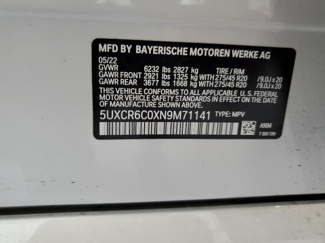 2022 BMW X5 xDrive40I VIN: 5UXCR6C0XN9M71141 Lot: 60116254