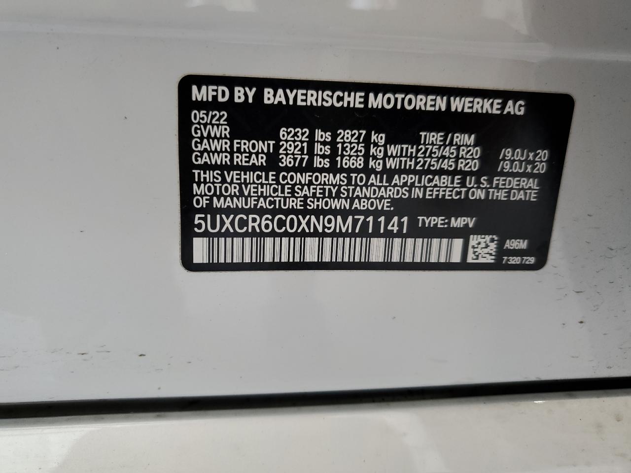 5UXCR6C0XN9M71141 2022 BMW X5 xDrive40I