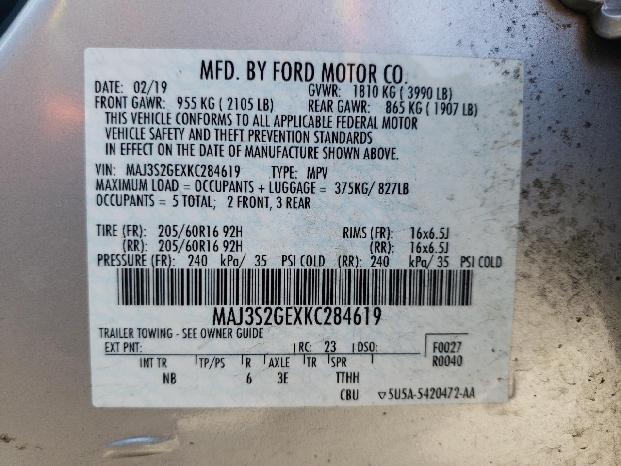 MAJ3S2GEXKC284619 2019 Ford Ecosport Se