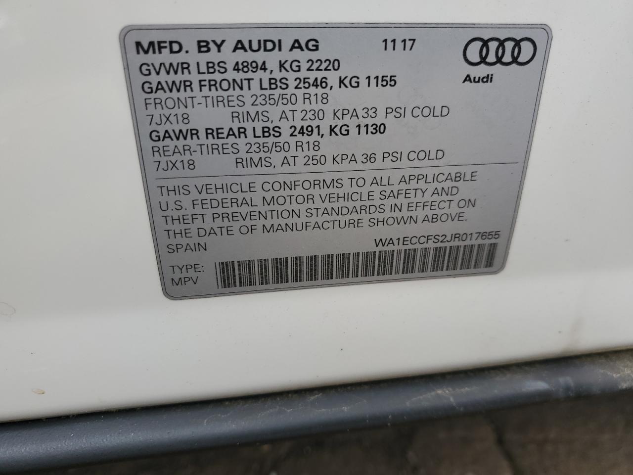 WA1ECCFS2JR017655 2018 Audi Q3 Premium