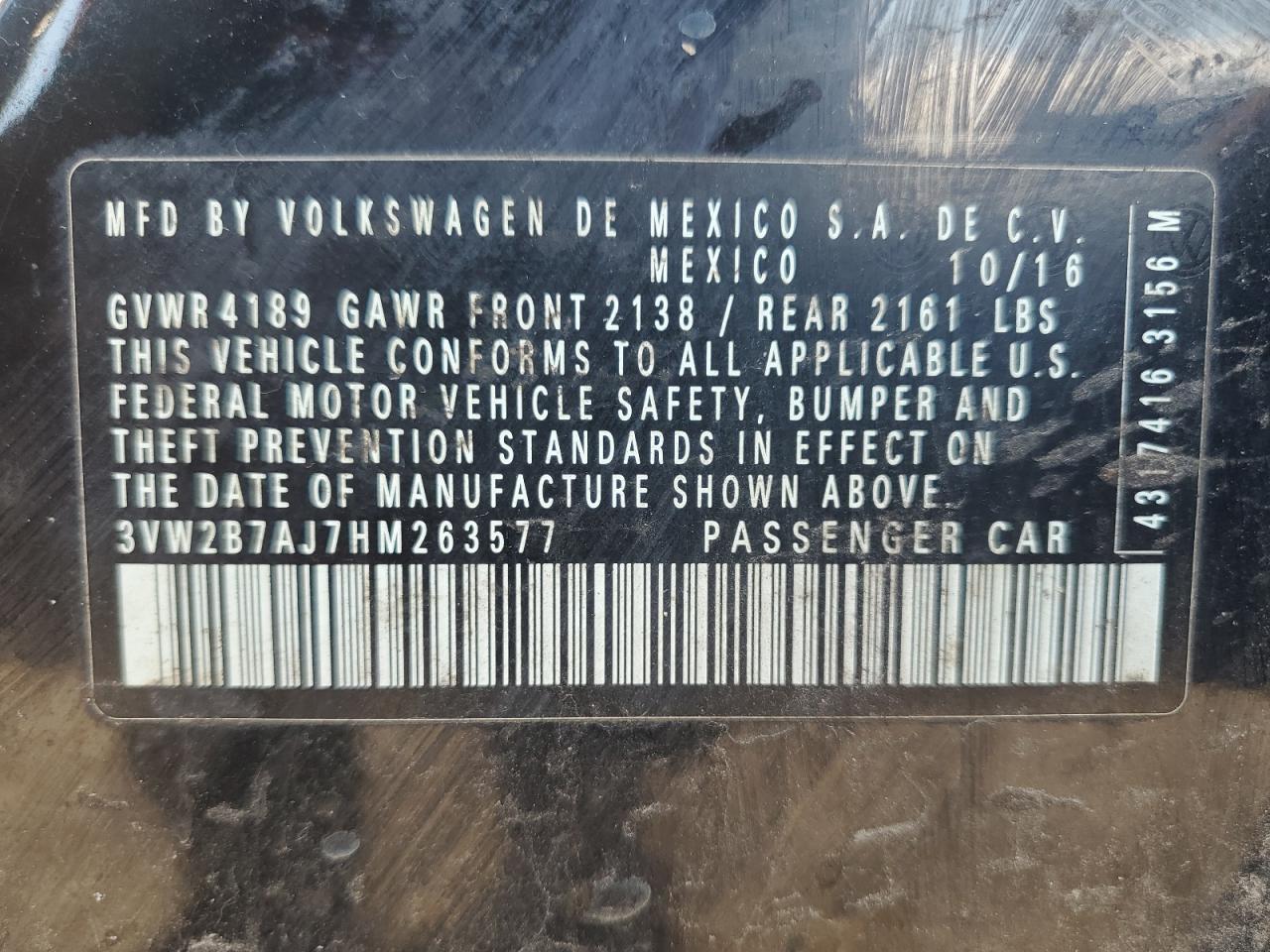 3VW2B7AJ7HM263577 2017 Volkswagen Jetta S