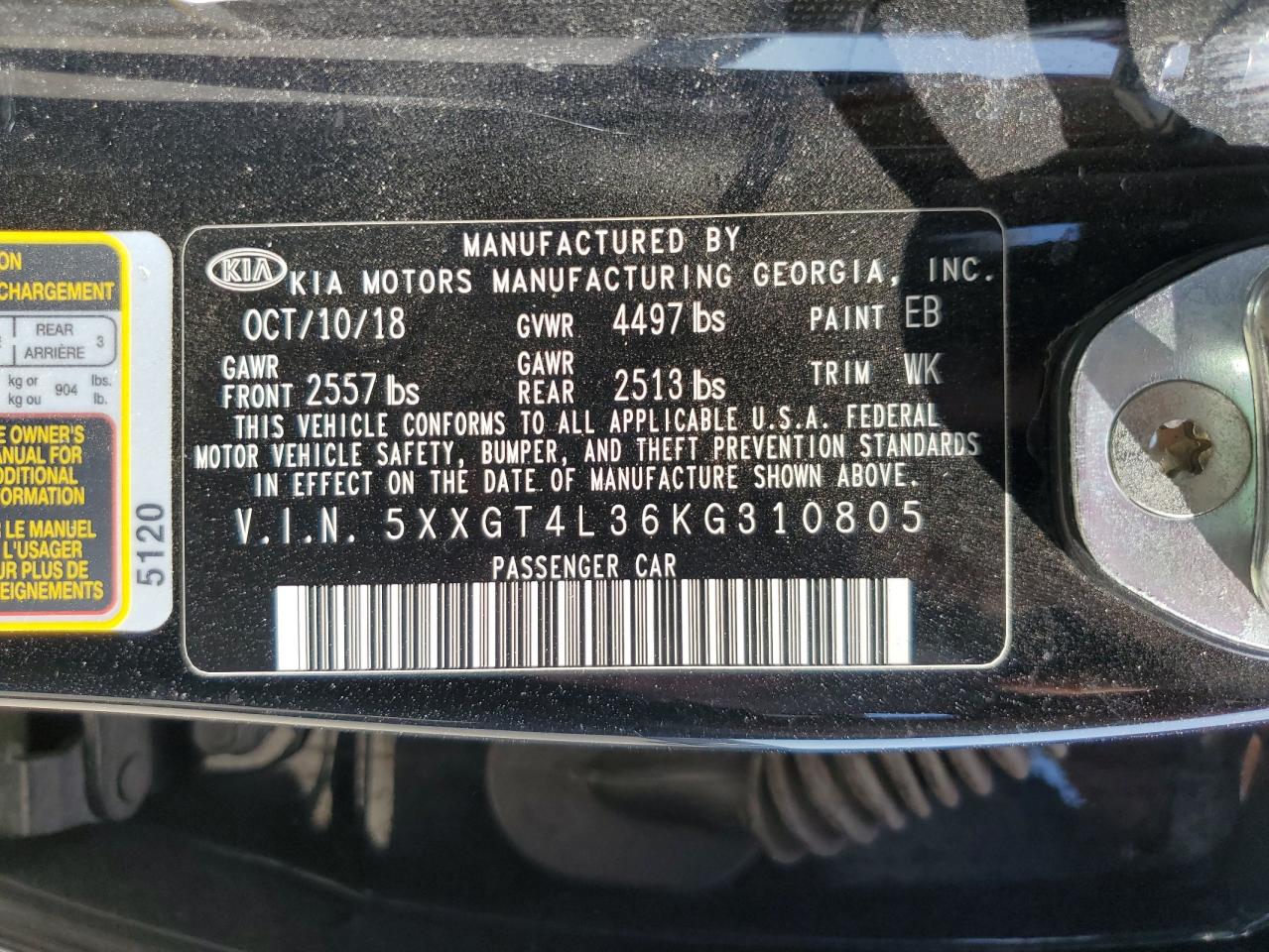 5XXGT4L36KG310805 2019 Kia Optima Lx