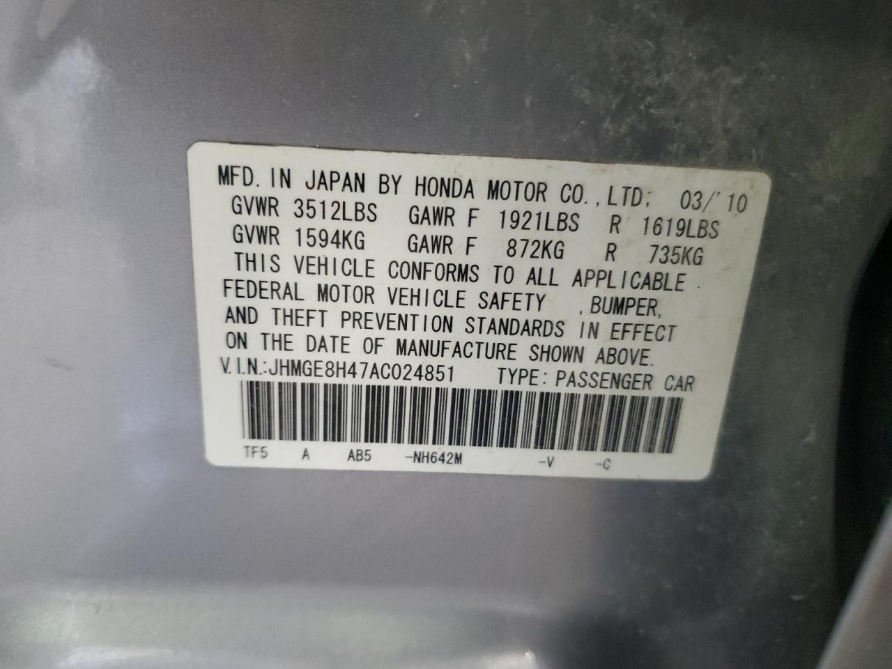 JHMGE8H47AC024851 2010 Honda Fit Sport