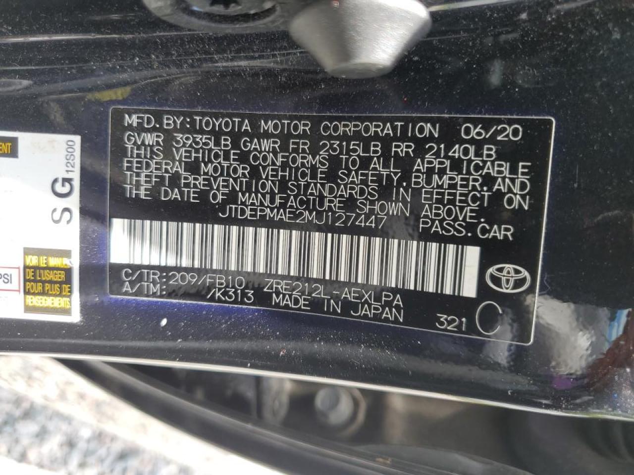 2021 Toyota Corolla Le vin: JTDEPMAE2MJ127447