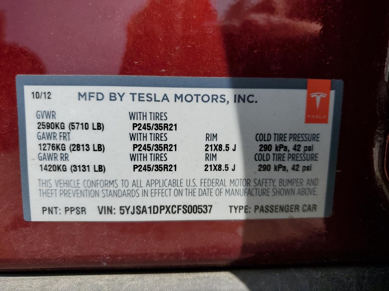 5YJSA1DPXCFS00537 2012 Tesla Model S