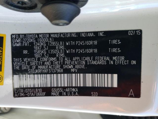 2015 Toyota Highlander Xle VIN: 5TDJKRFHXFS137968 Lot: 56897784