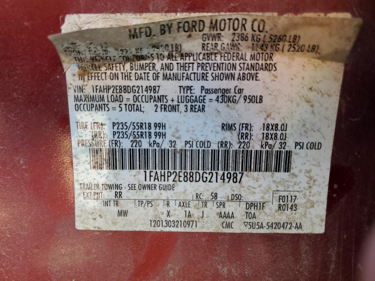 1FAHP2E88DG214987 2013 Ford Taurus Sel