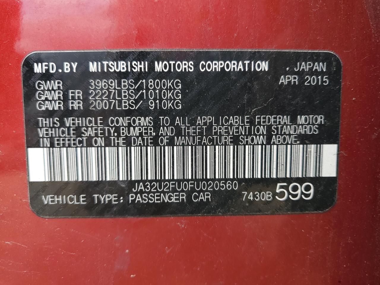 JA32U2FU0FU020560 2015 Mitsubishi Lancer Es