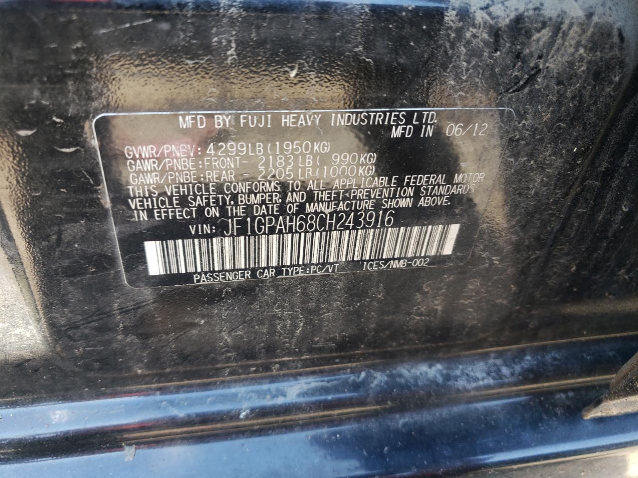 JF1GPAH68CH243916 2012 Subaru Impreza Limited