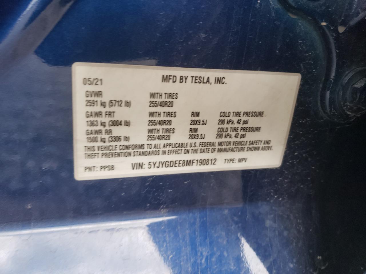 5YJYGDEE8MF190812 2021 Tesla Model Y