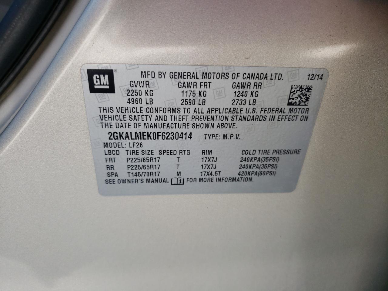 2GKALMEK0F6230414 2015 GMC Terrain Sle