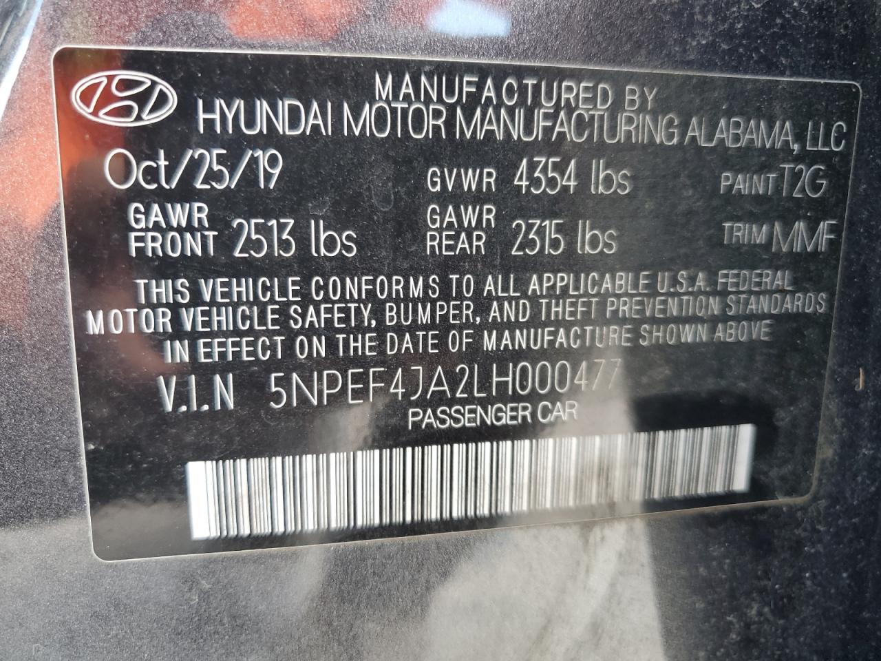 5NPEF4JA2LH000477 2020 Hyundai Sonata Sel