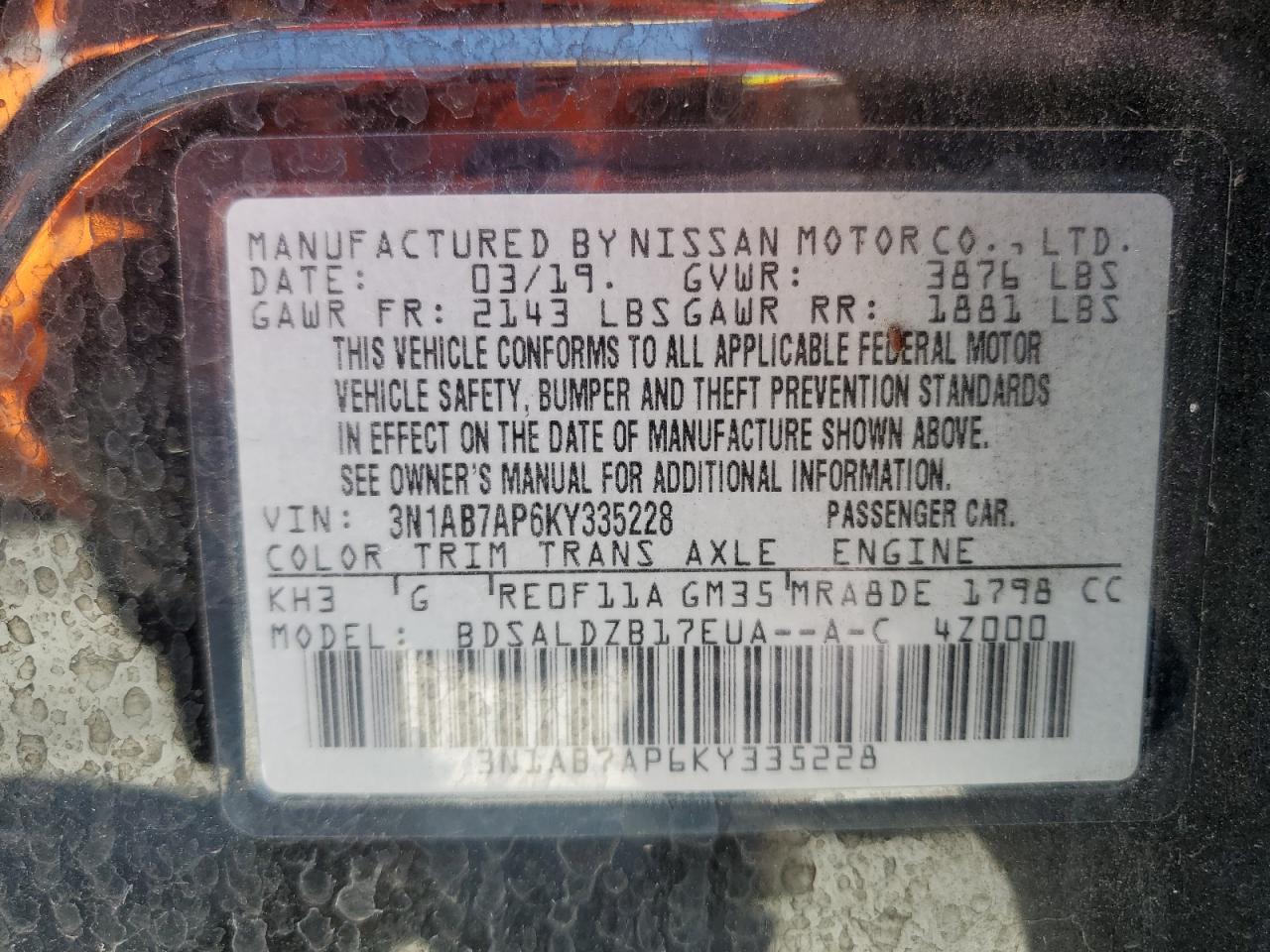 3N1AB7AP6KY335228 2019 Nissan Sentra S