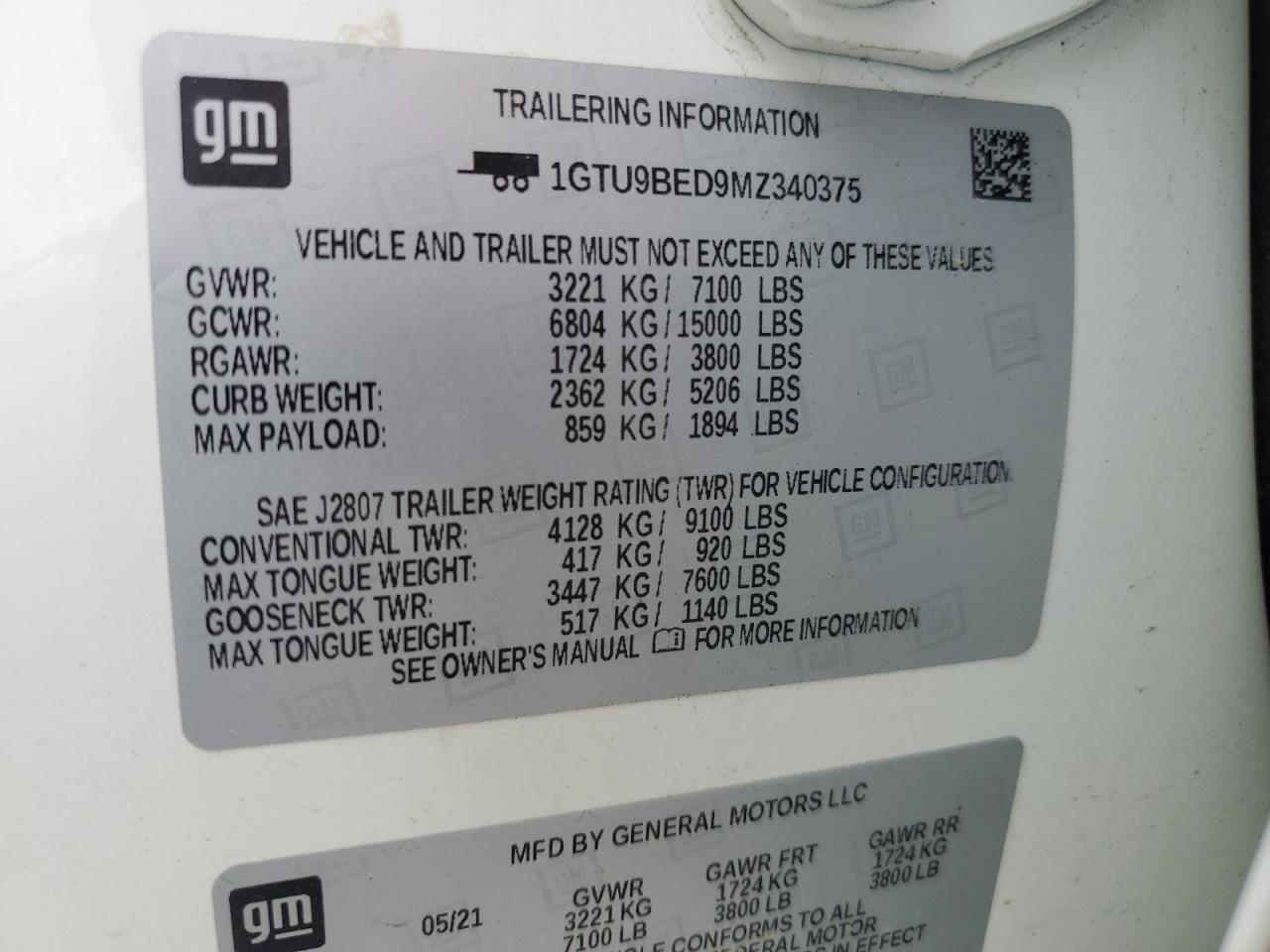 1GTU9BED9MZ340375 2021 GMC Sierra K1500 Sle