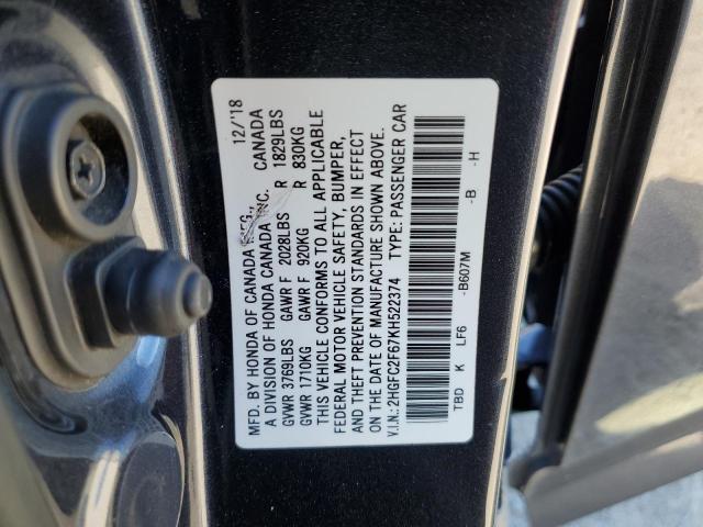 2019 Honda Civic Lx VIN: 2HGFC2F67KH522374 Lot: 58303114