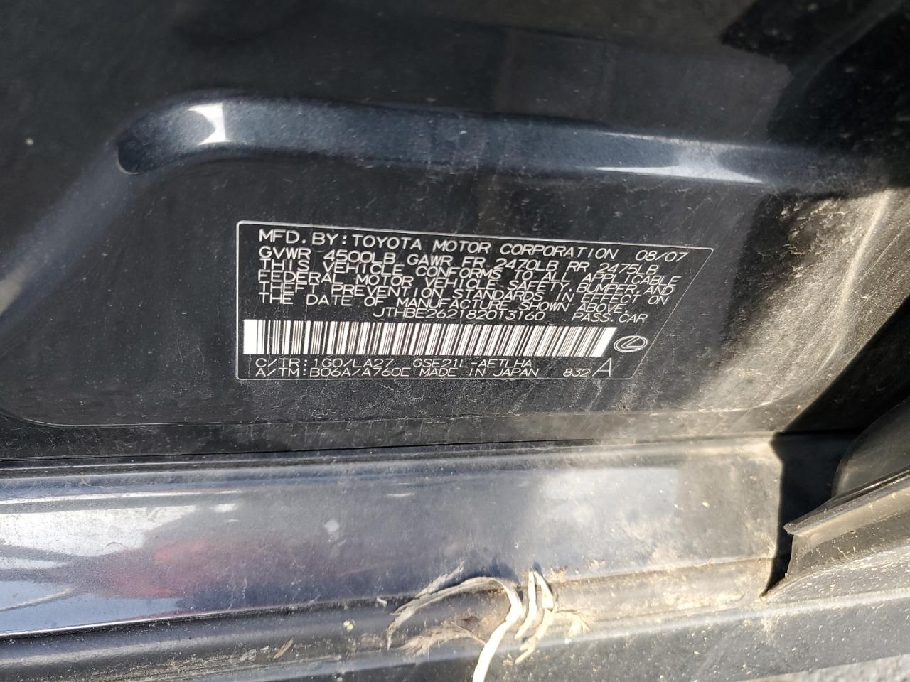 JTHBE262182013160 2008 Lexus Is 350