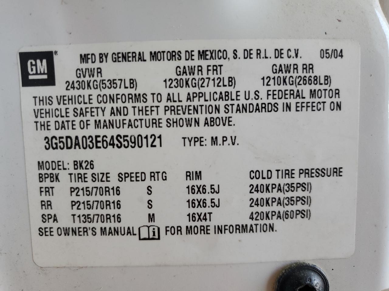 3G5DA03E64S590121 2004 Buick Rendezvous Cx