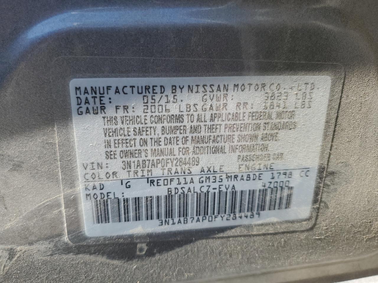 3N1AB7AP0FY284489 2015 Nissan Sentra S