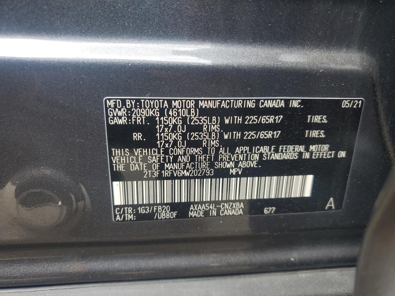 2T3F1RFV6MW202793 2021 Toyota Rav4 Le