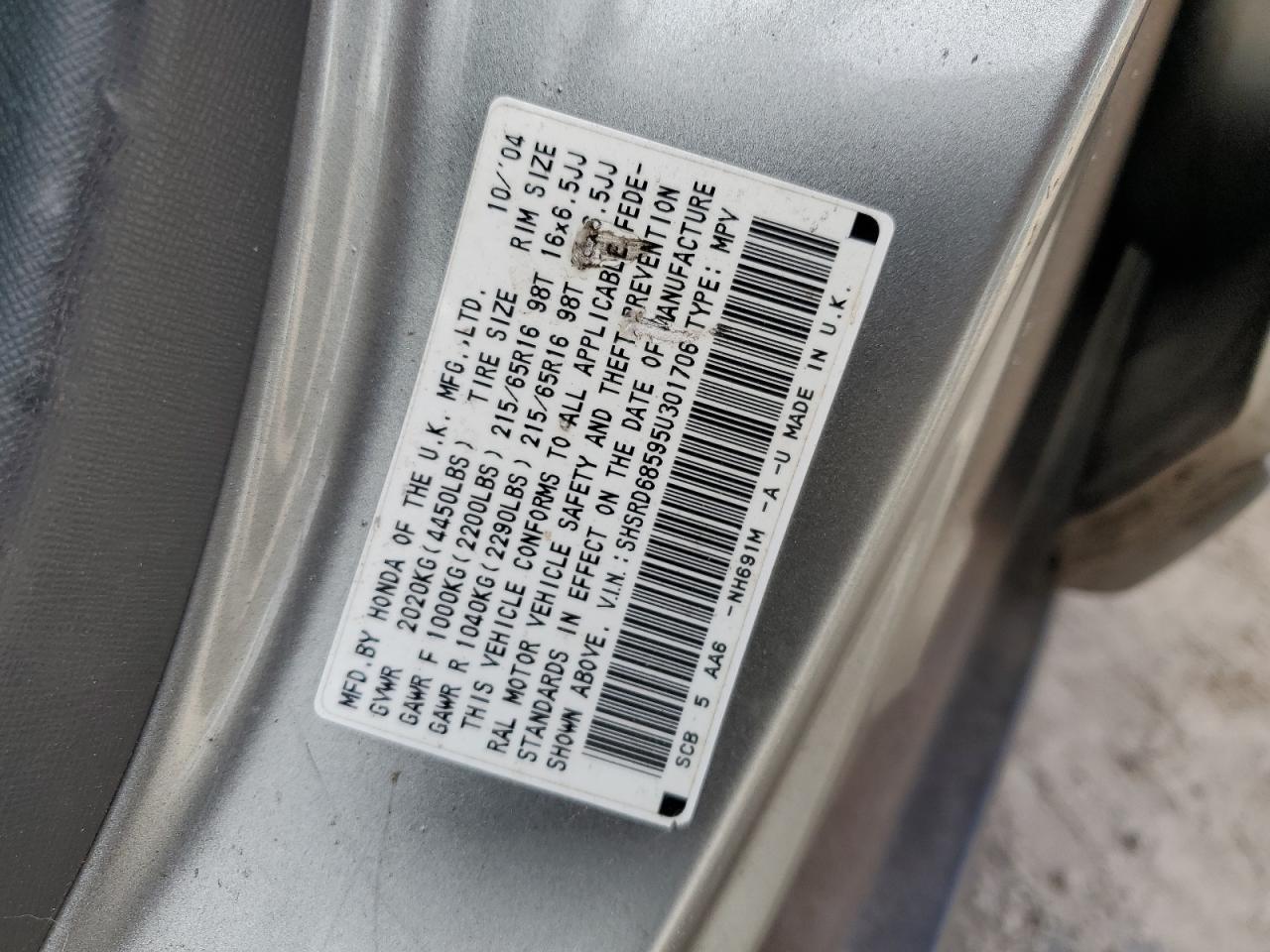 SHSRD68595U301706 2005 Honda Cr-V Lx