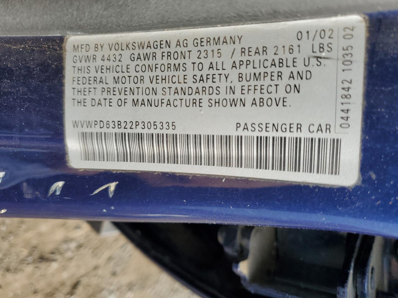 WVWPD63B22P305335 2002 Volkswagen Passat Gls