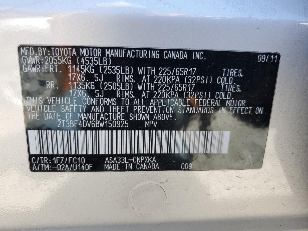 2T3BF4DV6BW150925 2011 Toyota Rav4