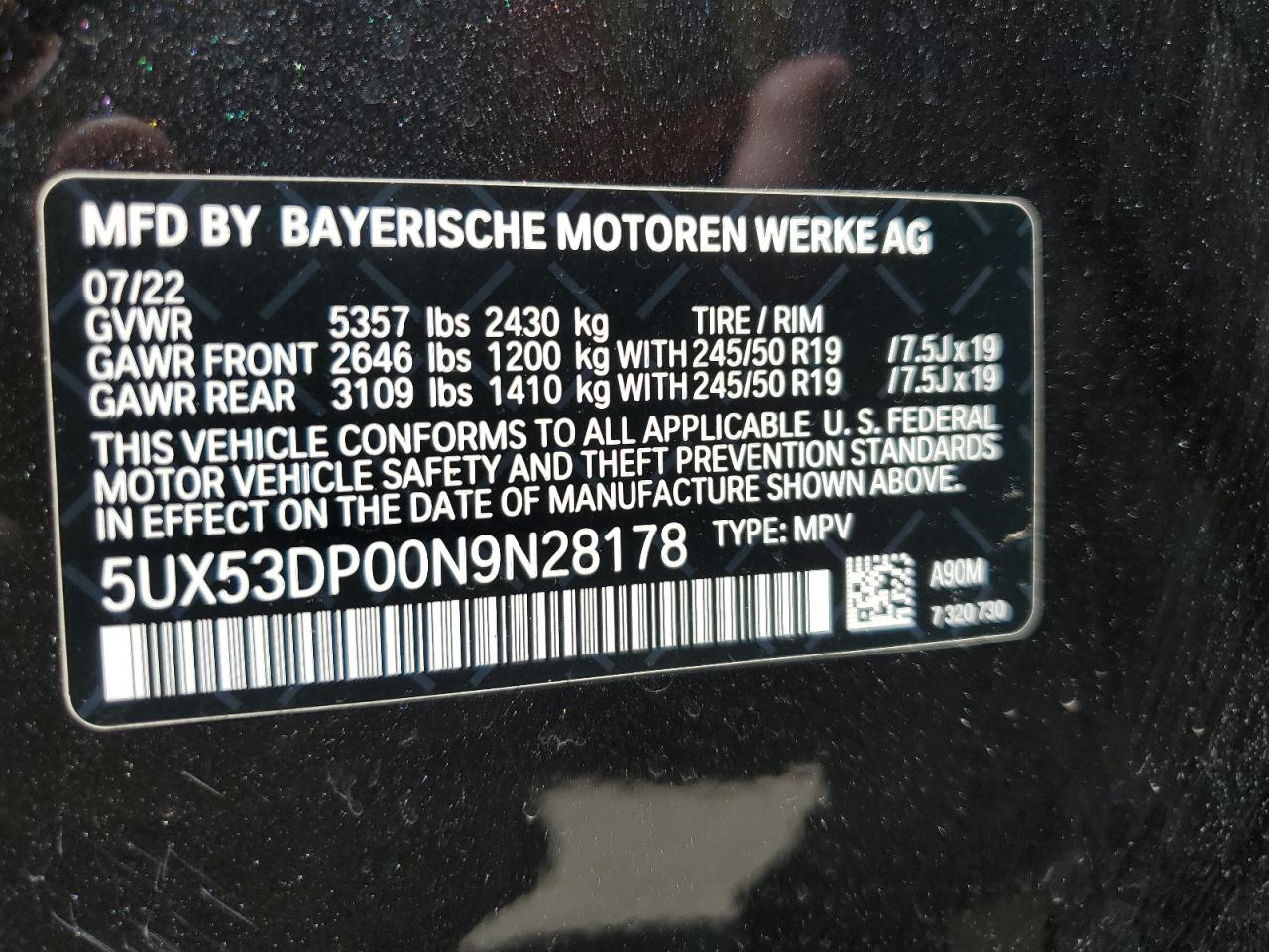 5UX53DP00N9N28178 2022 BMW X3 xDrive30I