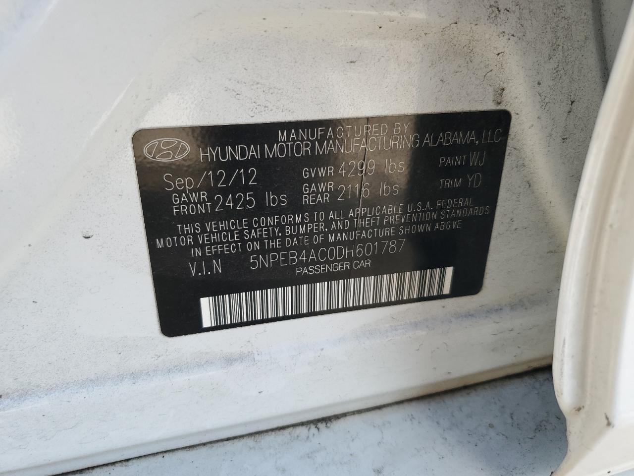 5NPEB4AC0DH601787 2013 Hyundai Sonata Gls