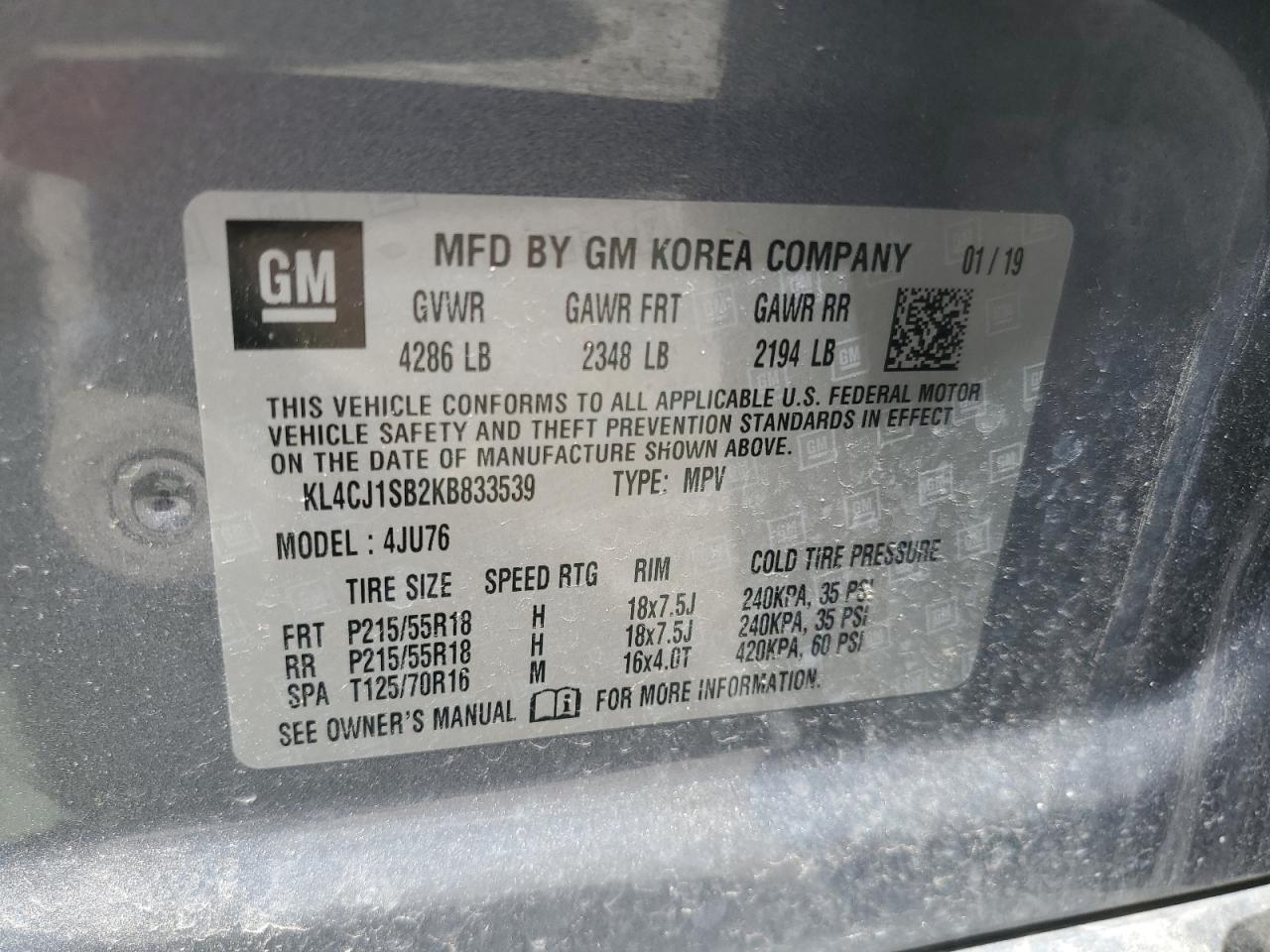 KL4CJ1SB2KB833539 2019 Buick Encore Sport Touring