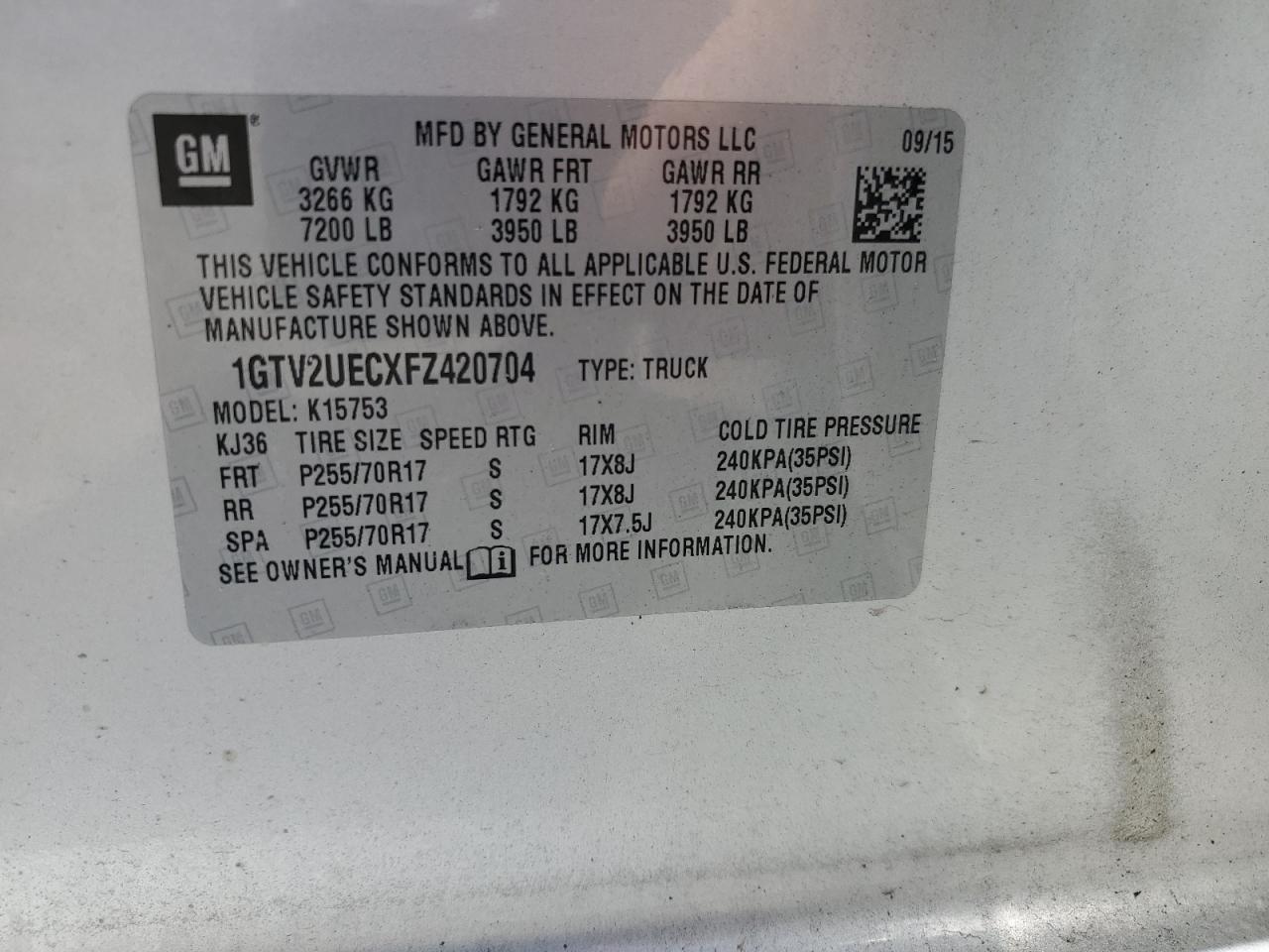 1GTV2UECXFZ420704 2015 GMC Sierra K1500 Sle