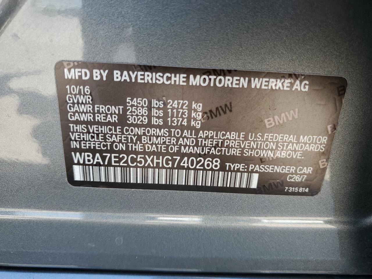 2017 BMW 740 I vin: WBA7E2C5XHG740268