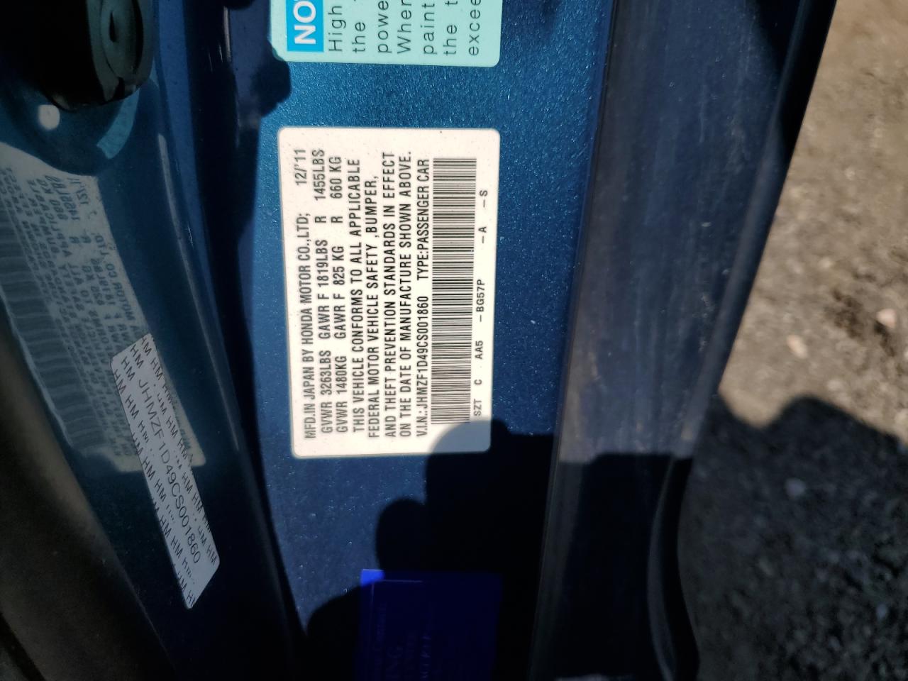 JHMZF1D49CS001860 2012 Honda Cr-Z