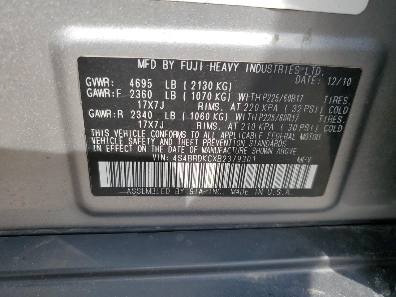 4S4BRDKCXB2379301 2011 Subaru Outback 3.6R Limited