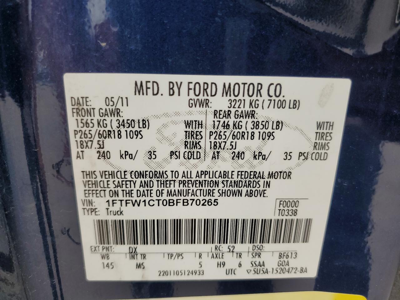 1FTFW1CT0BFB70265 2011 Ford F150 Supercrew