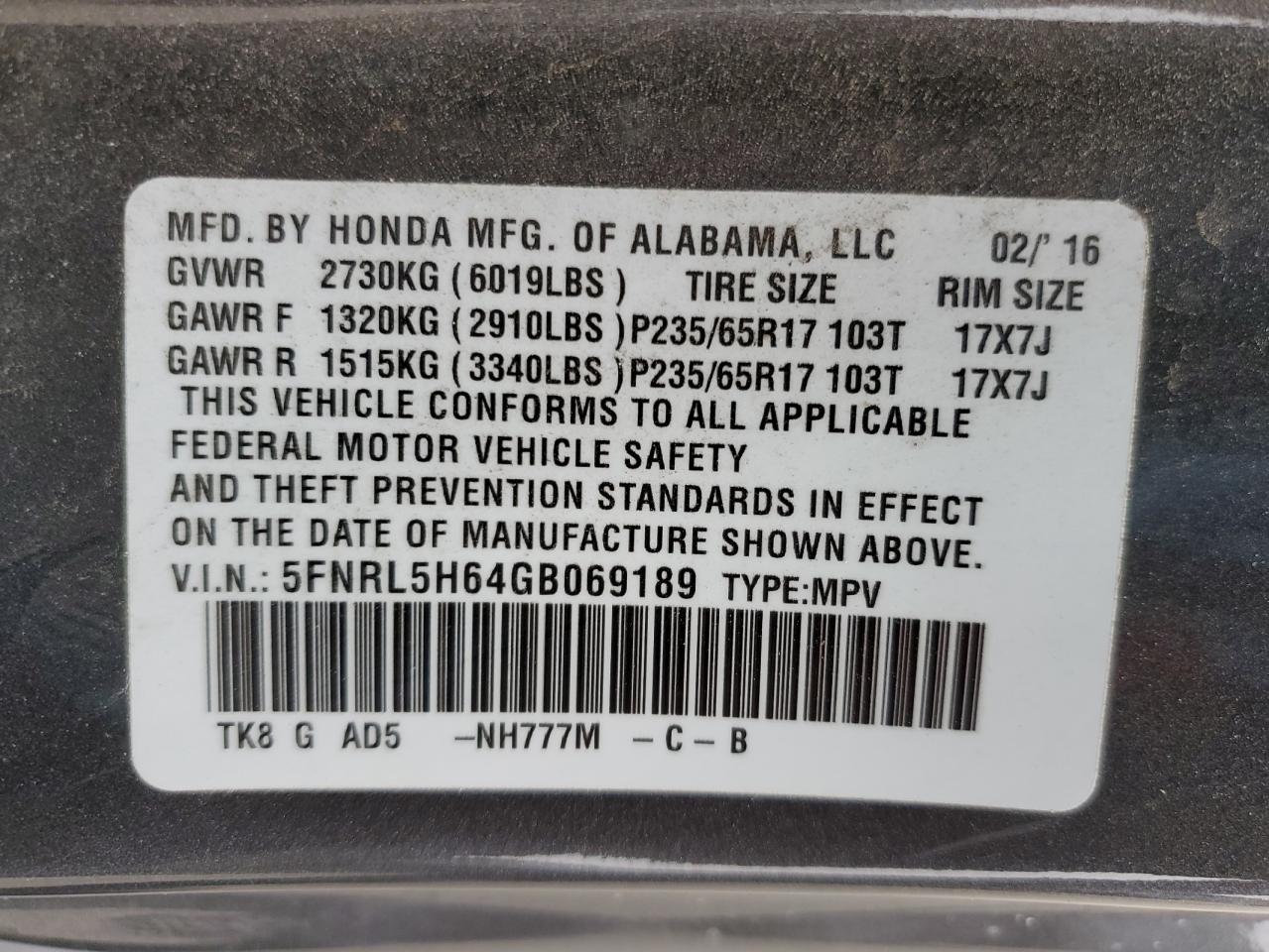 5FNRL5H64GB069189 2016 Honda Odyssey Exl