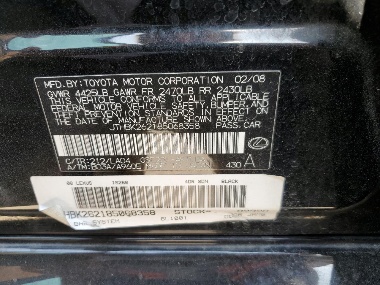 JTHBK262185068358 2008 Lexus Is 250