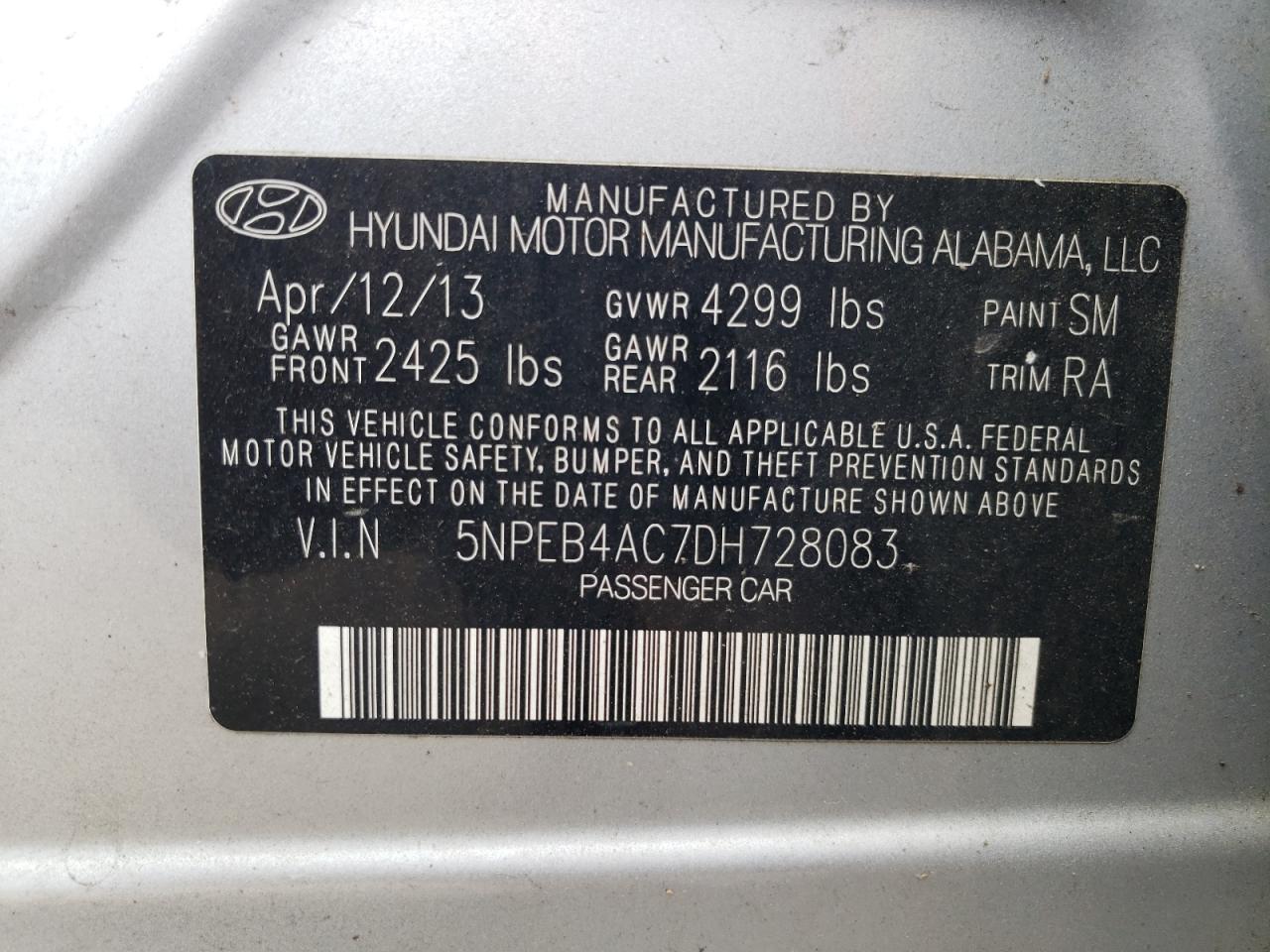 5NPEB4AC7DH728083 2013 Hyundai Sonata Gls