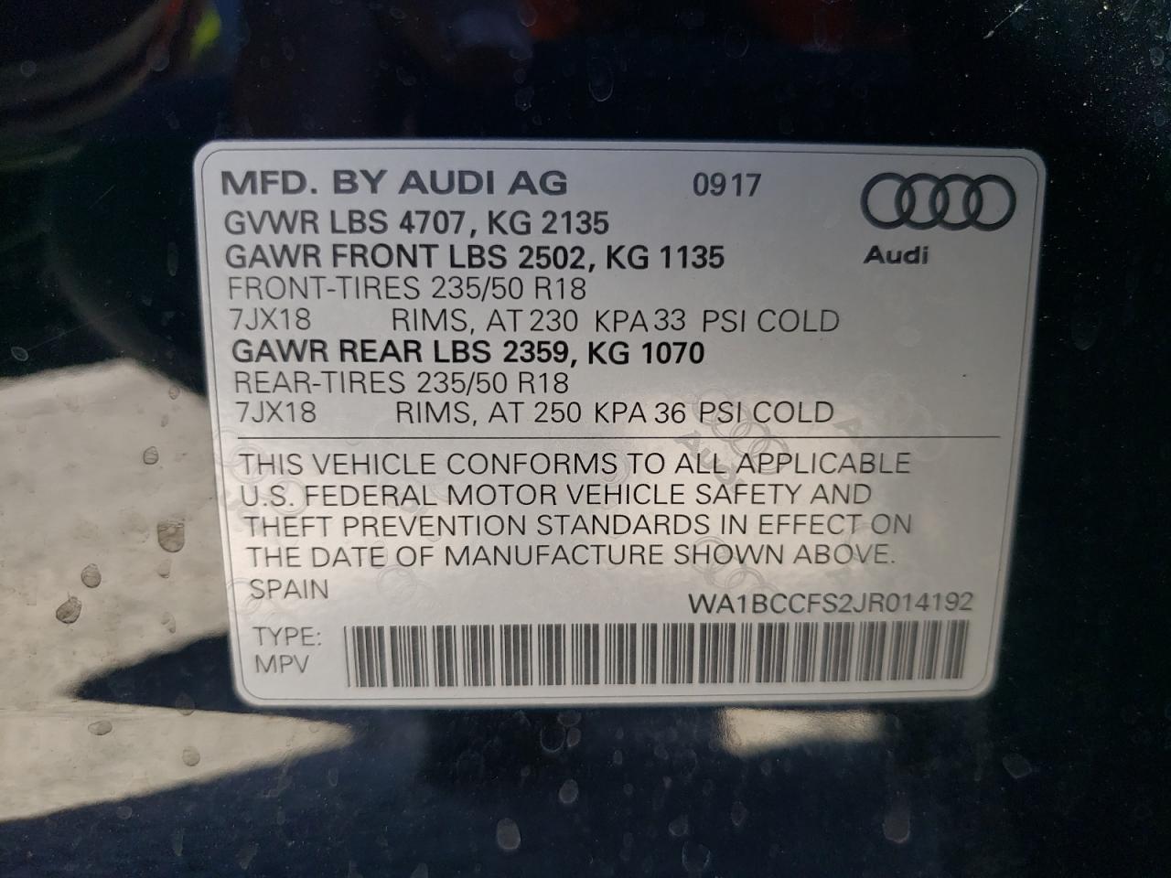 WA1BCCFS2JR014192 2018 Audi Q3 Premium