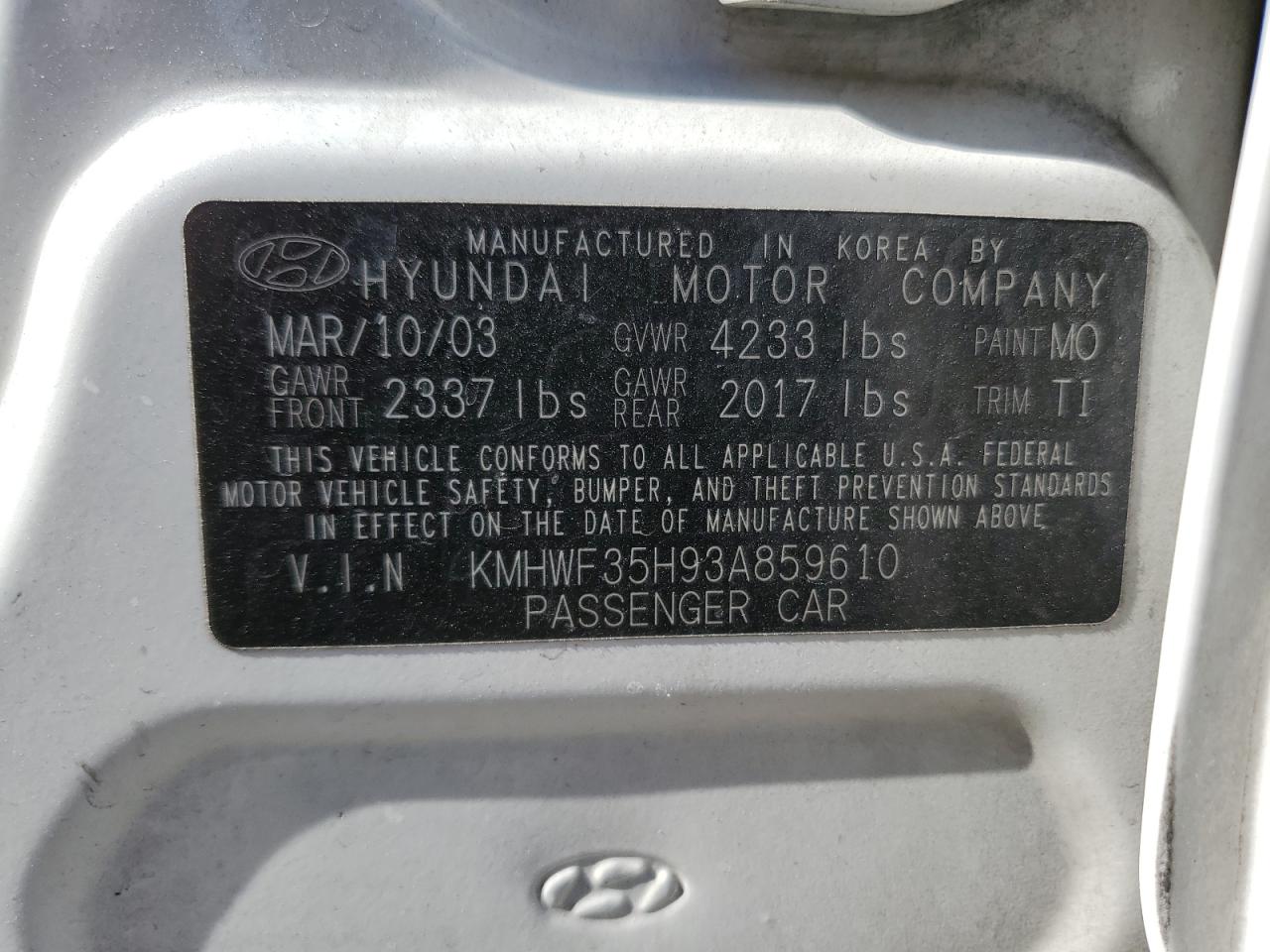 KMHWF35H93A859610 2003 Hyundai Sonata Gls