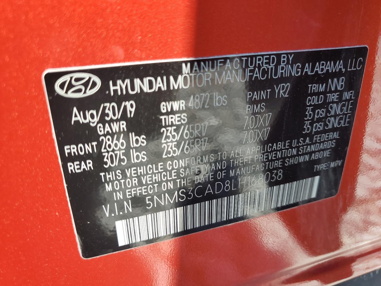 5NMS3CAD8LH168038 2020 Hyundai Santa Fe Sel