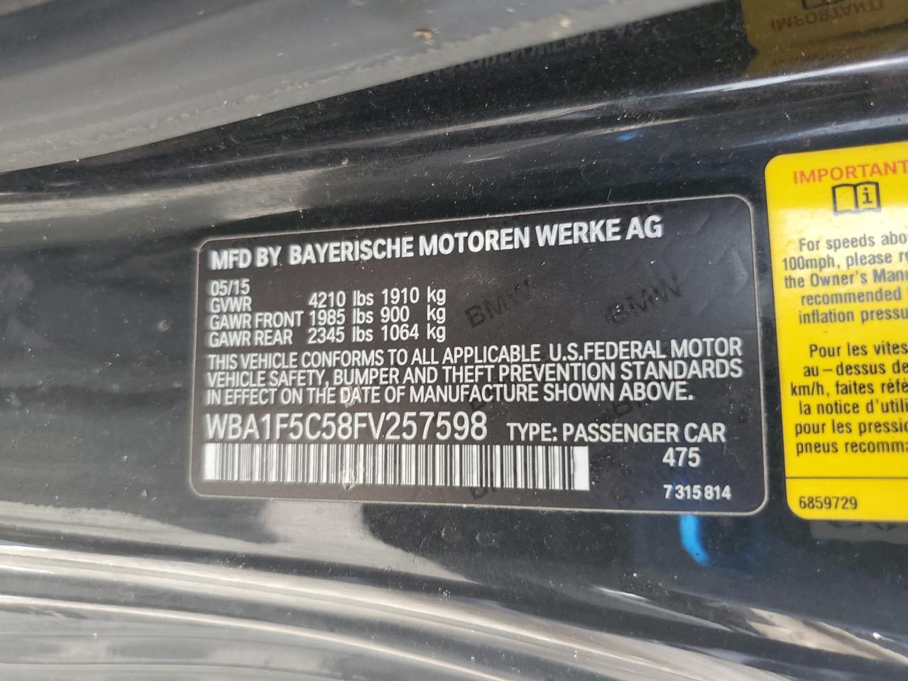 WBA1F5C58FV257598 2015 BMW 228 I