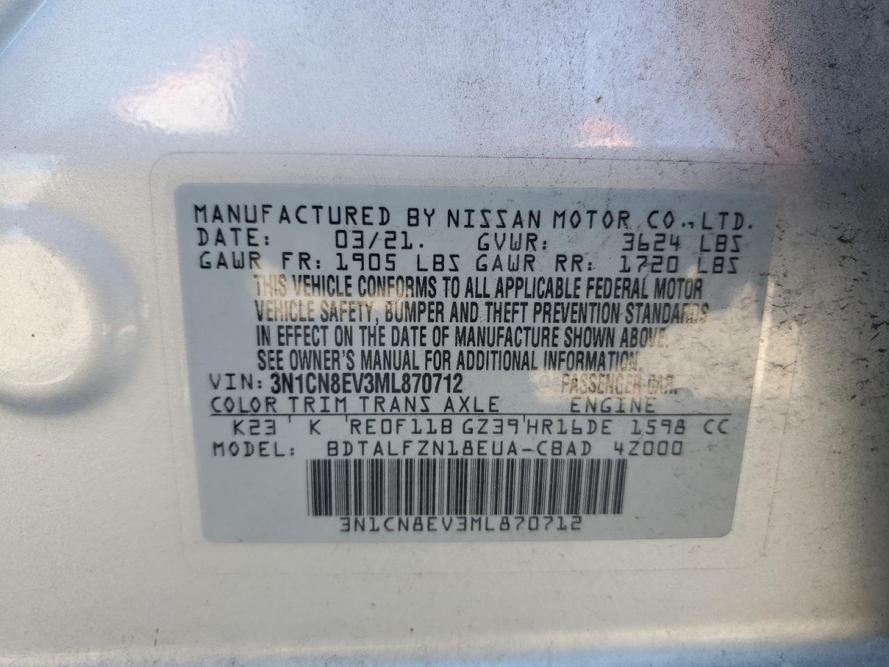 3N1CN8EV3ML870712 2021 Nissan Versa Sv