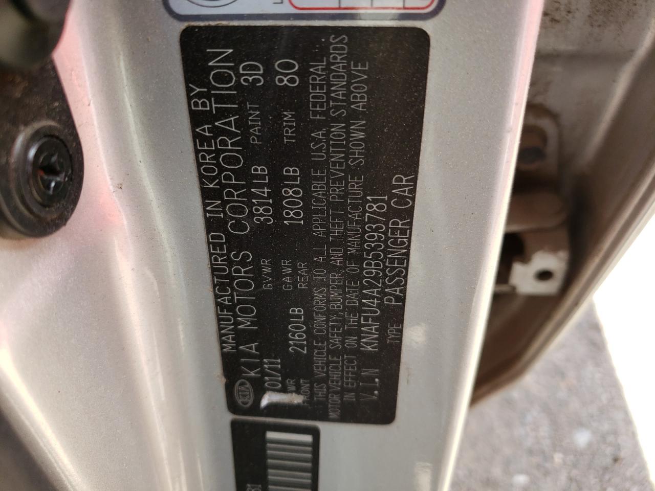 KNAFU4A29B5393781 2011 Kia Forte Ex