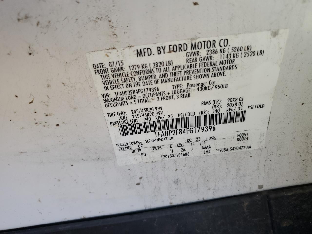 1FAHP2F84FG179396 2015 Ford Taurus Limited