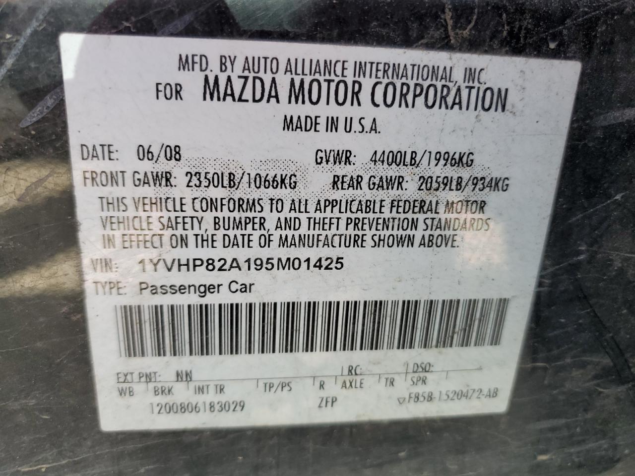 1YVHP82A195M01425 2009 Mazda 6 I