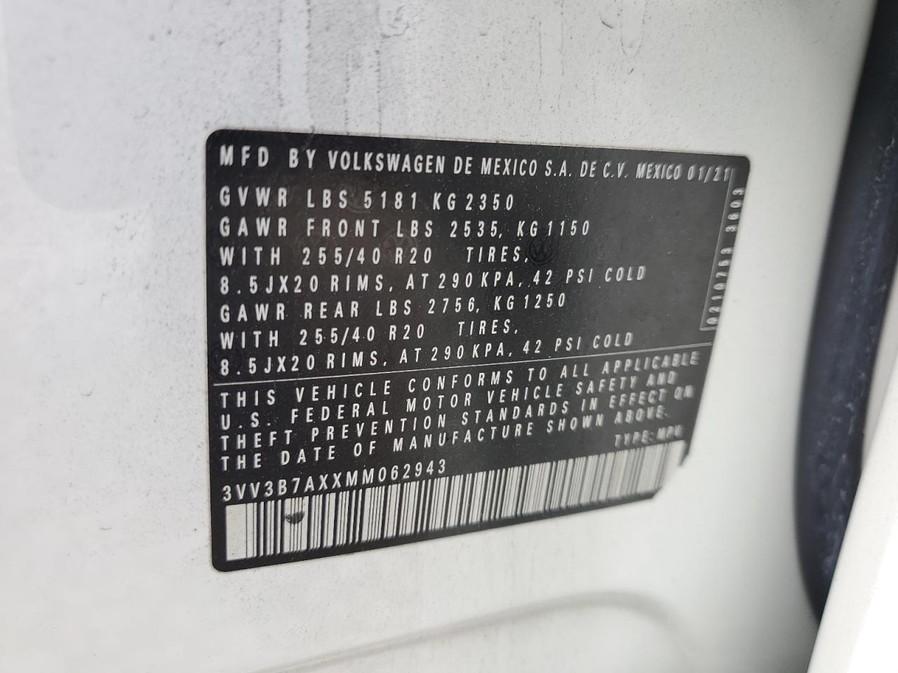 3VV3B7AXXMM062943 2021 Volkswagen Tiguan Se