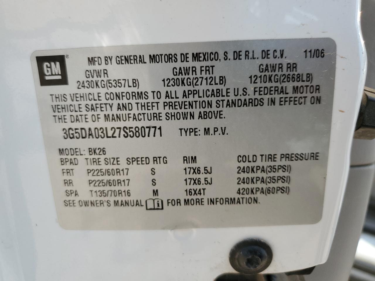 3G5DA03L27S580771 2007 Buick Rendezvous Cx