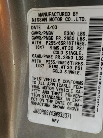 2003 Nissan Pathfinder Le VIN: JN8DR09Y43W833371 Lot: 57338564