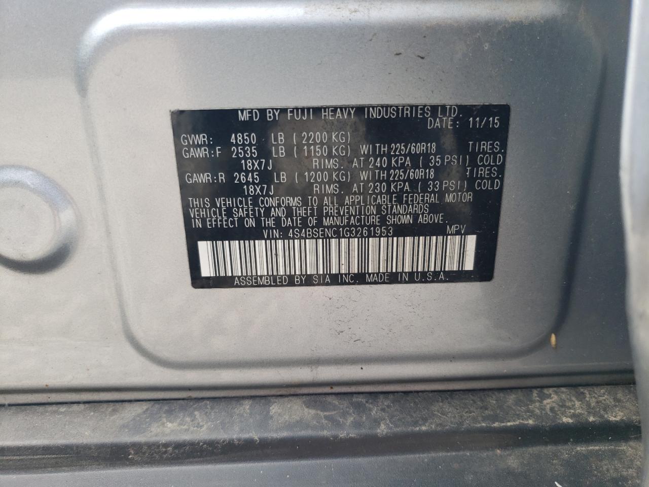 4S4BSENC1G3261953 2016 Subaru Outback 3.6R Limited