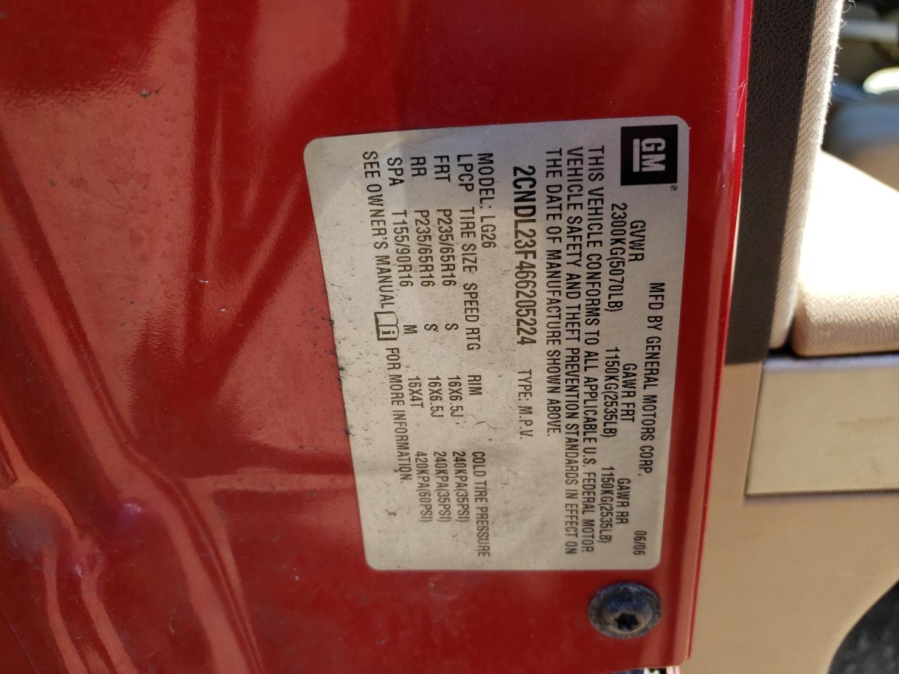 2CNDL23F466205224 2006 Chevrolet Equinox Ls